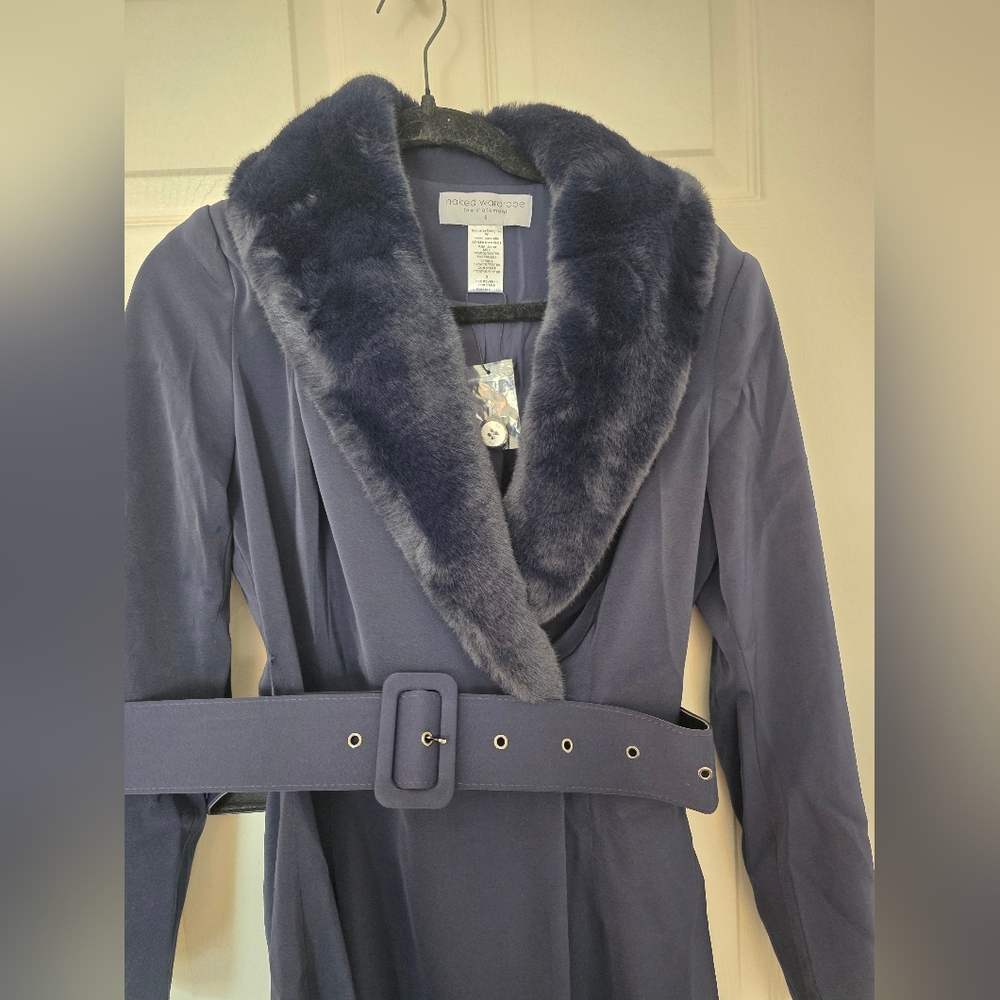 Naked Wardrobe Faux Fur Trimmed Trench Coat- Navy Blue - Picture 4 of 5